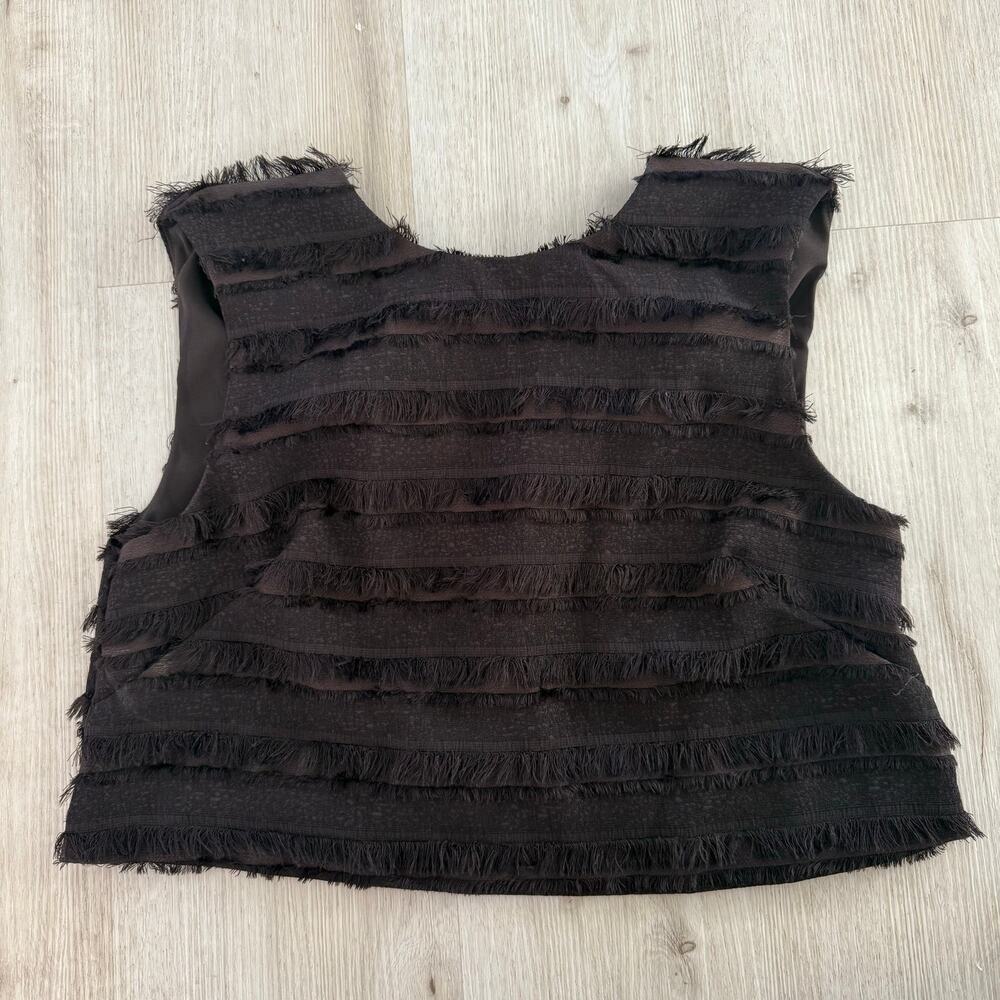H&M Edition Fringe Trimmed Top in Dark Brown Girly Chic Going Out Cropped Small - Picture 2 of 8